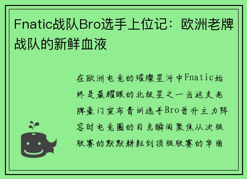 Fnatic战队Bro选手上位记：欧洲老牌战队的新鲜血液