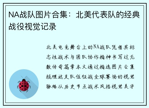 NA战队图片合集：北美代表队的经典战役视觉记录