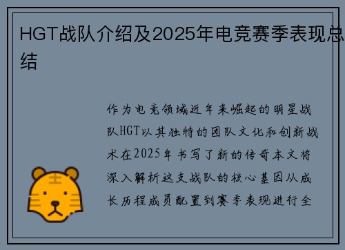 HGT战队介绍及2025年电竞赛季表现总结
